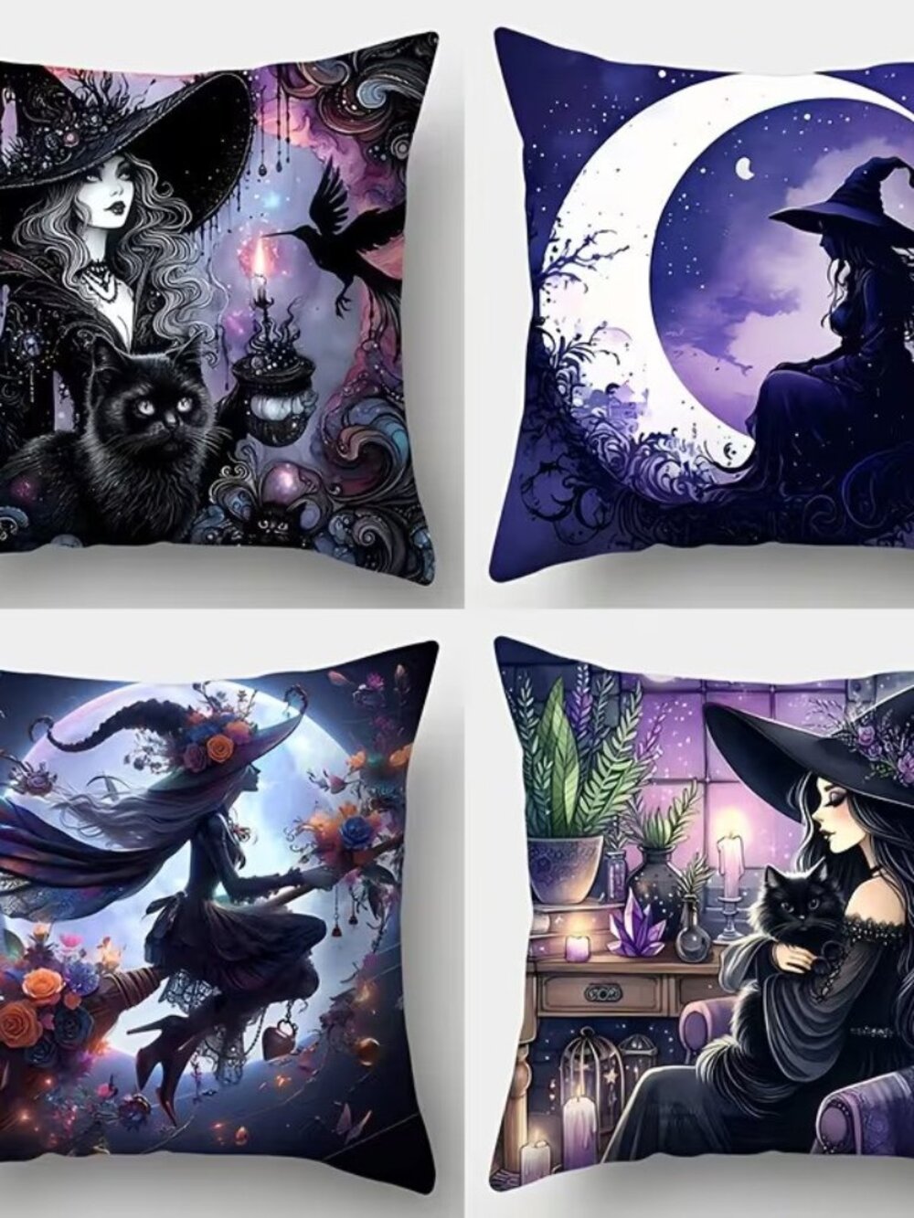 4 Purple-black Halloween Themed Printed Pillowcases w Witch & Black Cat Designs